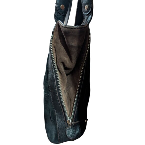 Black Leather Suede Shoulder Bag Large With Zipper & Magnetic Closure Tiangello - Picture 4 of 6
